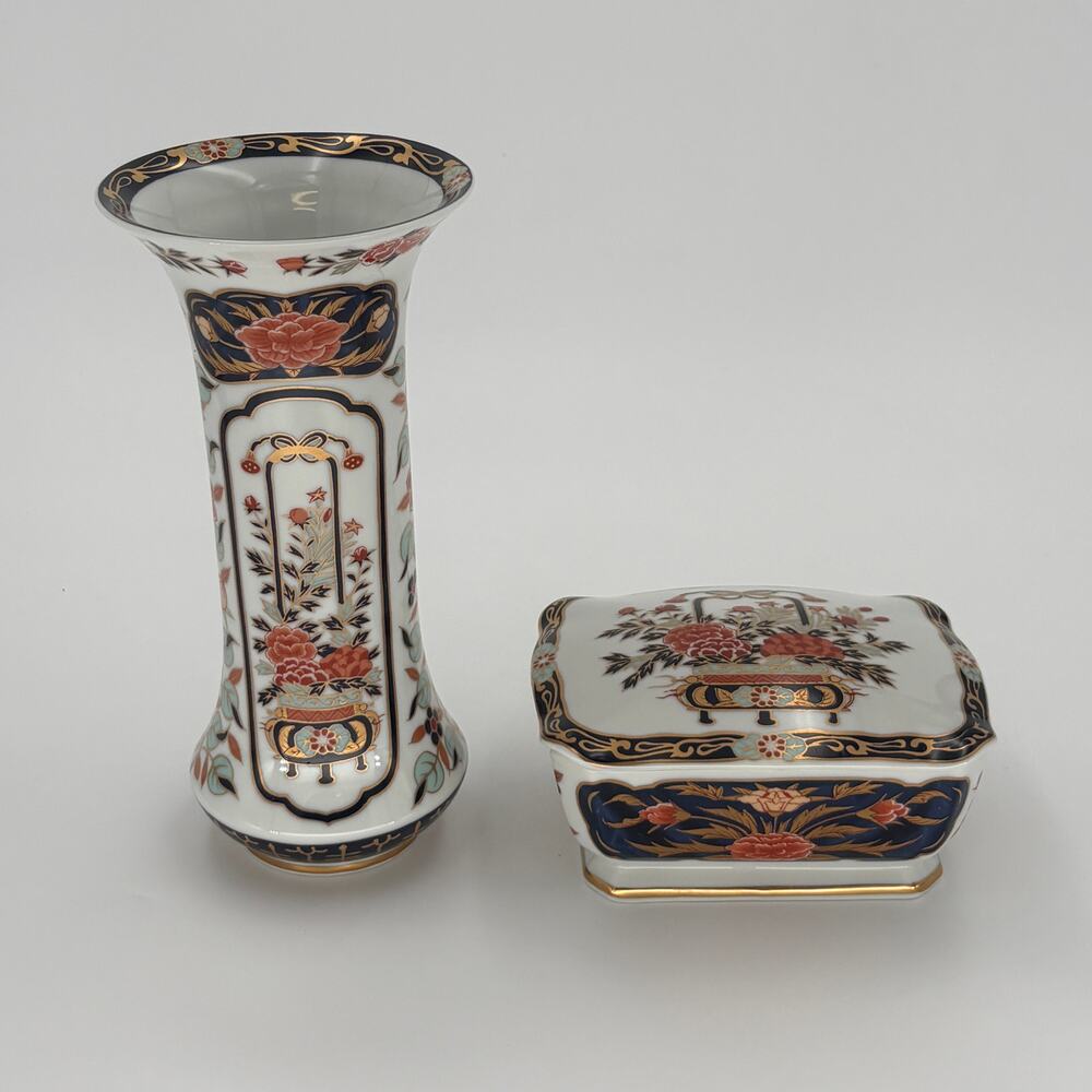 Vintage Genroku Porcelain Flower Basket Vase Vanity Lidded Trinket Box Japan